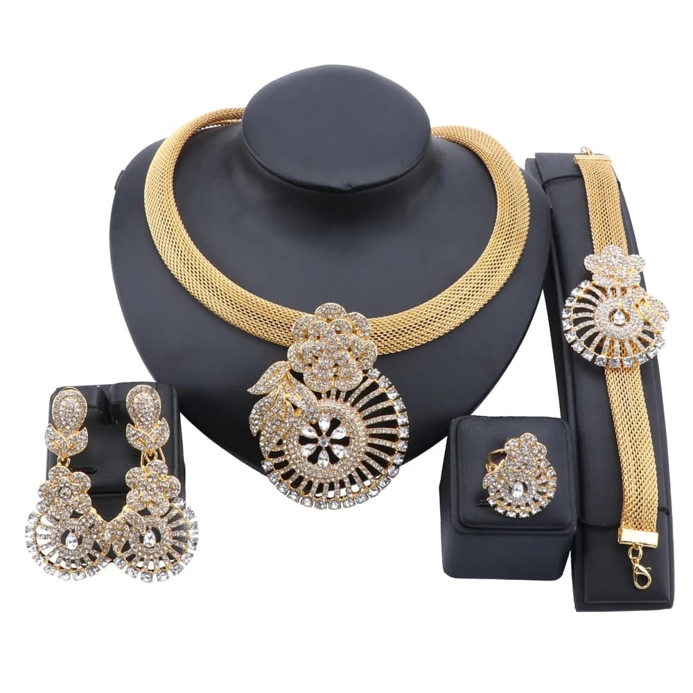 Italian Gold Color Crystal Jewelry Set Elegant Flower Necklace Earrings Ring Bangle For Women Bride Wedding Party Accessories