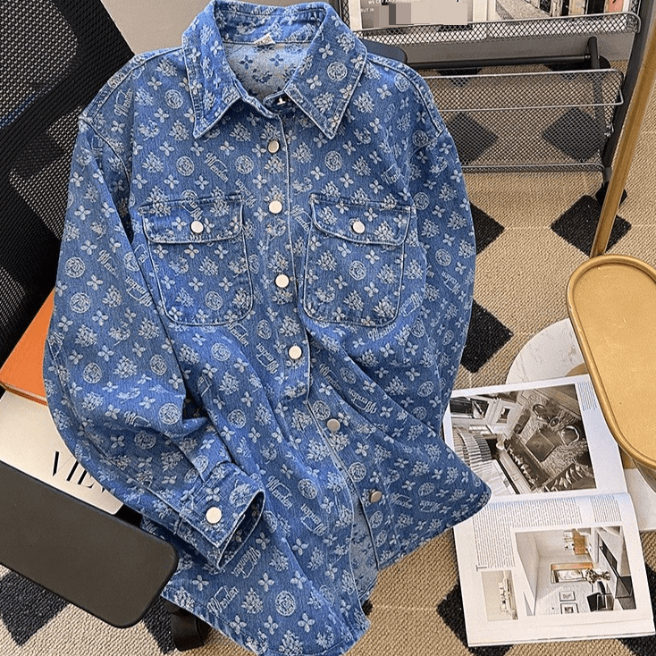 Women's Clothing Casual Lining Spring And Autumn New All Over Printed Jacquard Loose Shirt Age Reducing Versatile Top