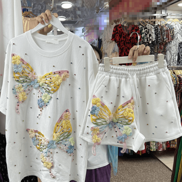 Women's Clothing Design Butterfly Diamond Short Sleeved T Shirt Top For Women Elastic Waist Wide Leg Shorts Two Piece Suit
