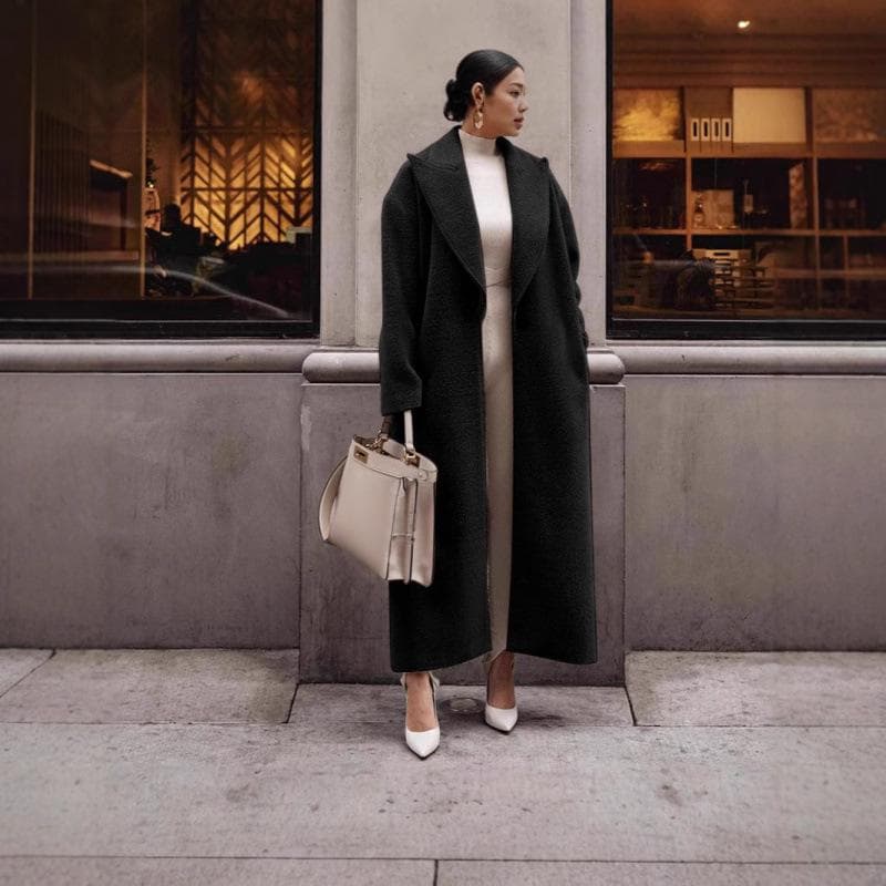 Women's Clothing Fleece Lined Coat With Notch Lapel - Long Sleeve Loose Fit Overcoat - Soft Polyester Outerwear In Black, Grey, Khaki, Beige (S-XXXL)