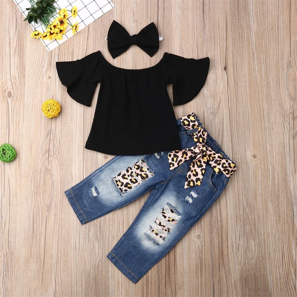 ​​Baby Girls' Leopard Print Denim 3-Piece Set – Cotton Trendy Outfit (A-Class Certified)​​
