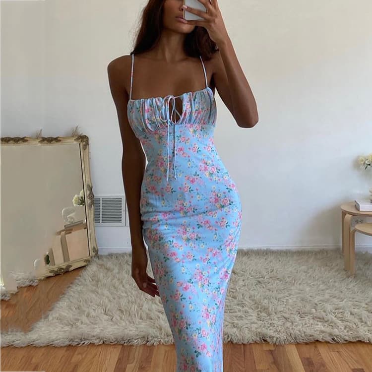 Women's Clothing Floral Pleated Backless Lace Up Suspender Long Skirt Hip Wrapped Fishtail Skirt European Size Is Larger