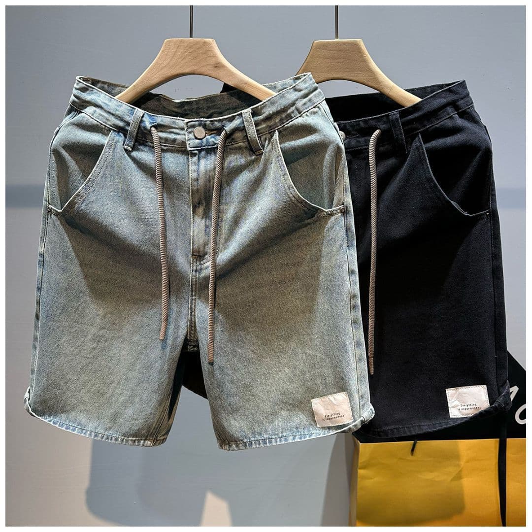 Men's straight blue thin jeans ins summer daily wear shorts Japanese lazy five point shorts