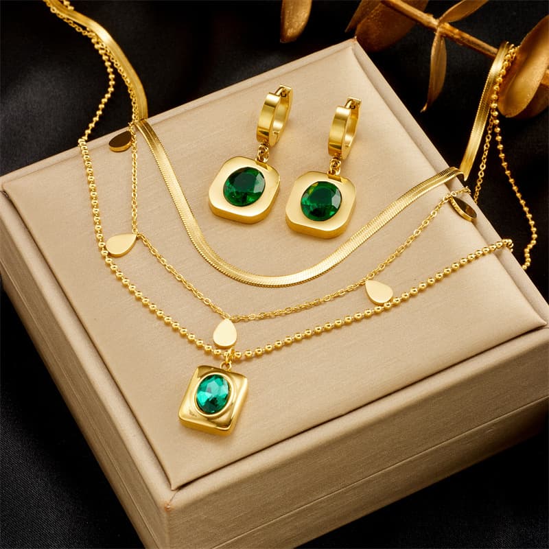 Niche light luxury retro design titanium steel emerald zircon earrings necklace temperament women's jewelry set