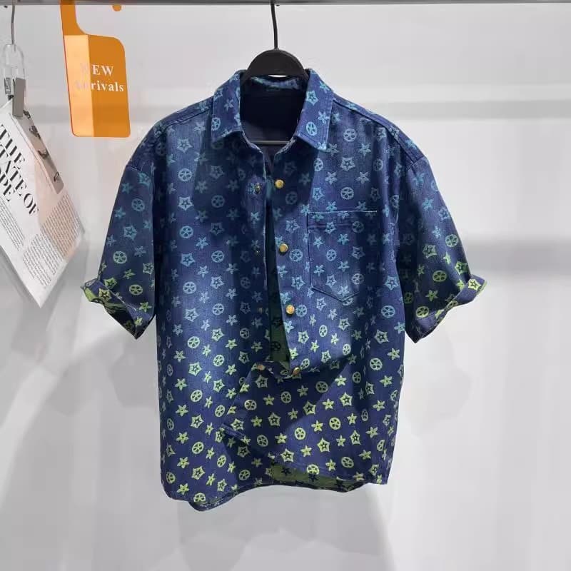 Summer New Men's Fashionable Loose Gradient Rainbow Monogram Denim Short Sleeve Shirt For Men