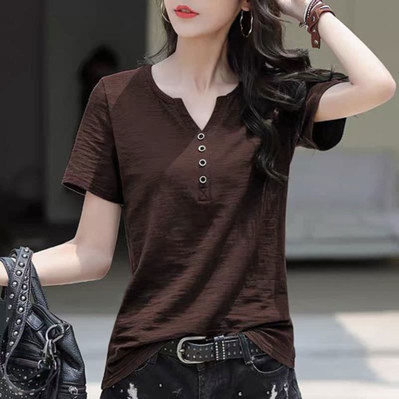 hot selling Women's Clothing V-neck Button T-shirt Spring Summer Loose Large Cotton Fashion Vintage Short Sleeve Elegant Solid