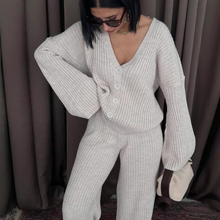 Women's Casual 2-Piece Sweater Set - Spring Autumn Solid Color Long Sleeve Button Cardigan & Pants, Fashion Outfit