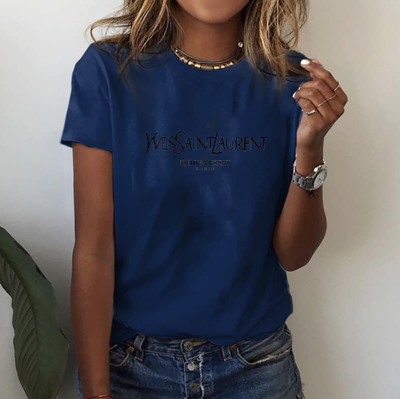 T-shirt imprimé décontracté à manches courtes YSL pour femme, style streetwear.