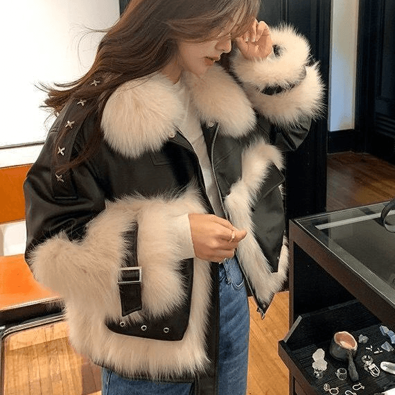 Women's Fox Fur Patchwork Fur Motorcycle Vintage Loose Jacket