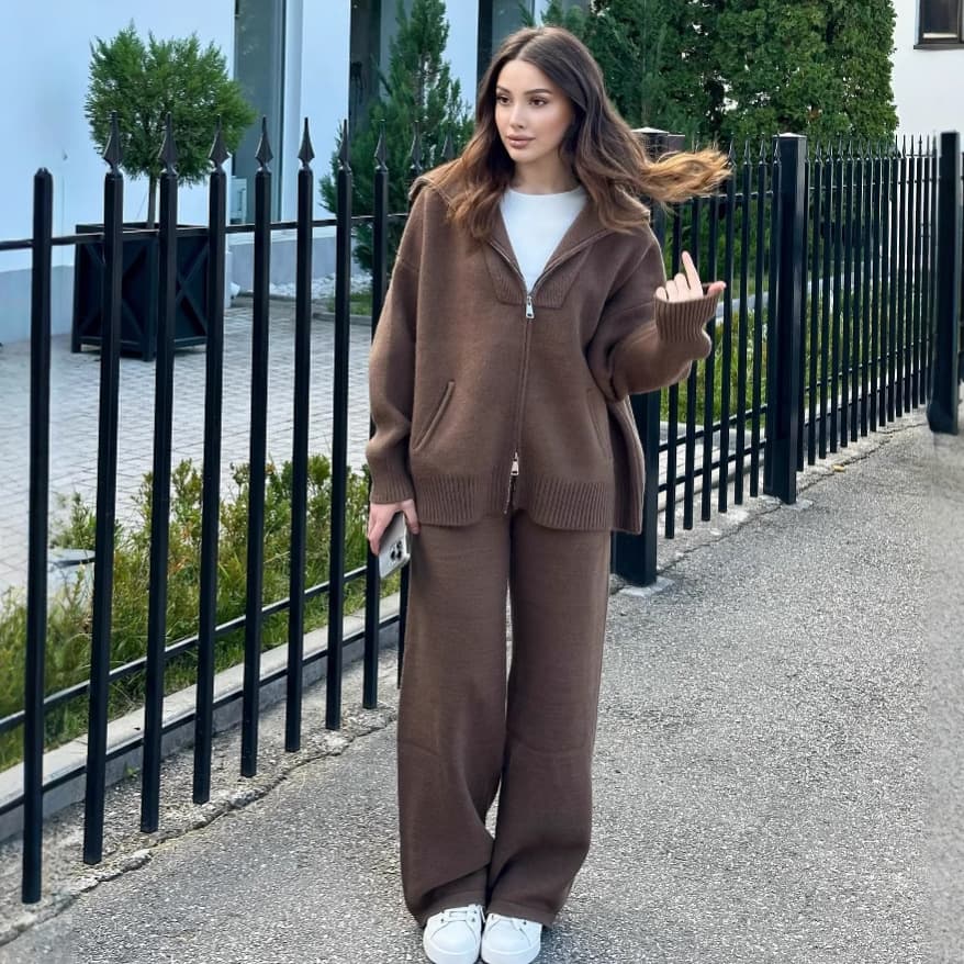 Women's Solid Color Lapel Zipper Slim Fit Knit Sweater Two-piece Set