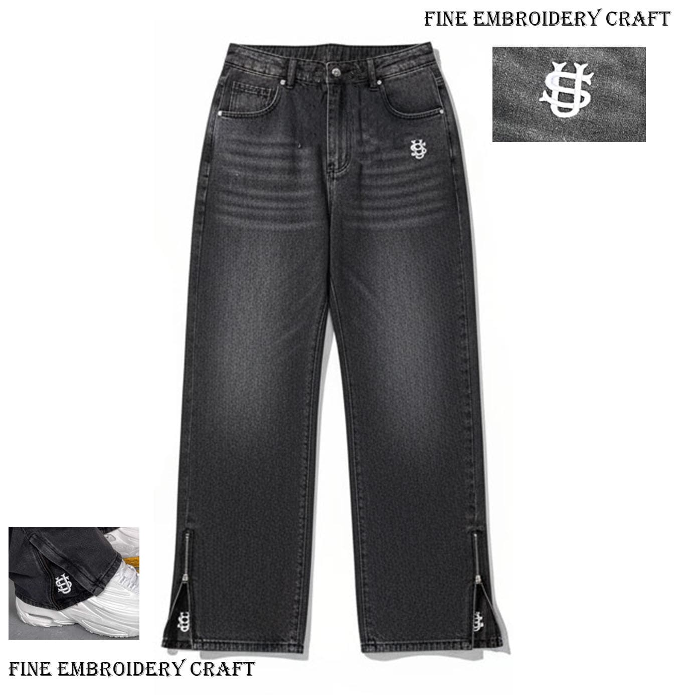 Men's Vintage Washed Denim Jeans - Straight Leg Embroidered Retro Jeans, Classic Streetwear Pants