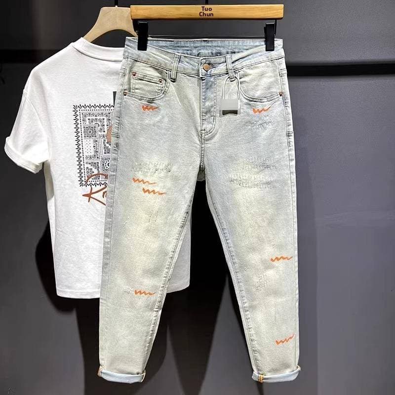 Spring Collection Light Korean Style Slim Fit Cropped Jeans For Short Men Trendy Printed 9/10 Denim Jeans Mid Waist Wide Leg Pants