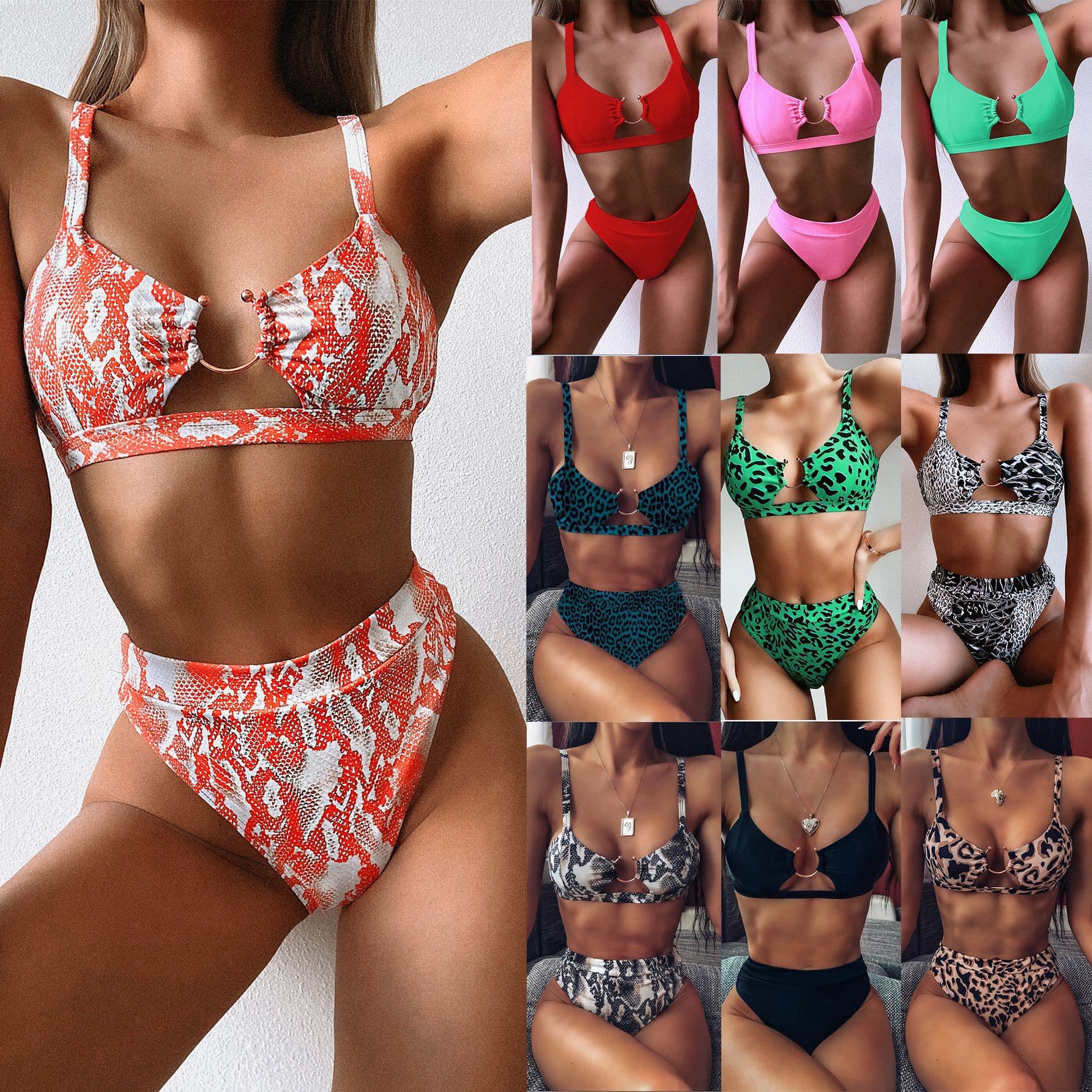 Women's split swimsuit green leopard print bikini new solid color swimsuit