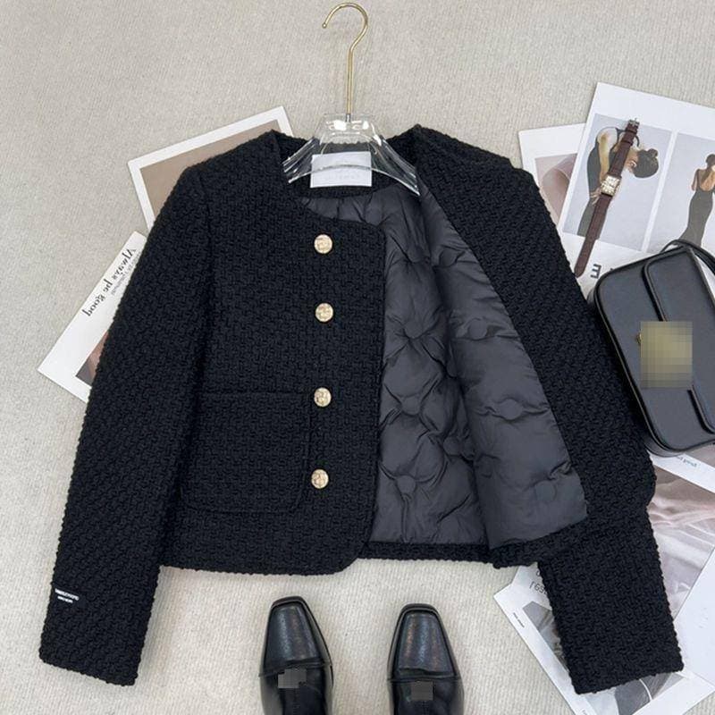 Women's Quilted Short Jacket With Down-Filled Lining - Elegant Polo Collar, Classic Black, Slim Fit, Winter Fashion, Small-Chic Style