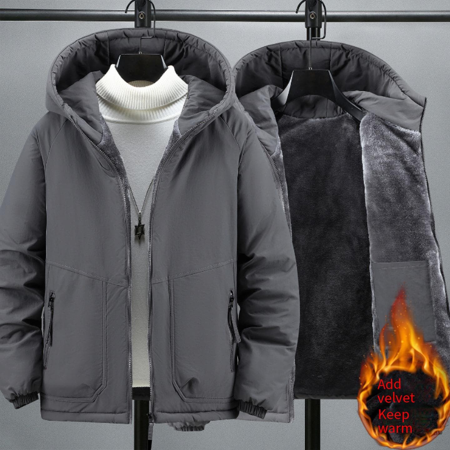 Men's Winter Fleece-Lined Hooded Jacket - Plus Size Warm Coat With Zip Pockets, Polyester Puffer Jacket For Casual & Outdoor