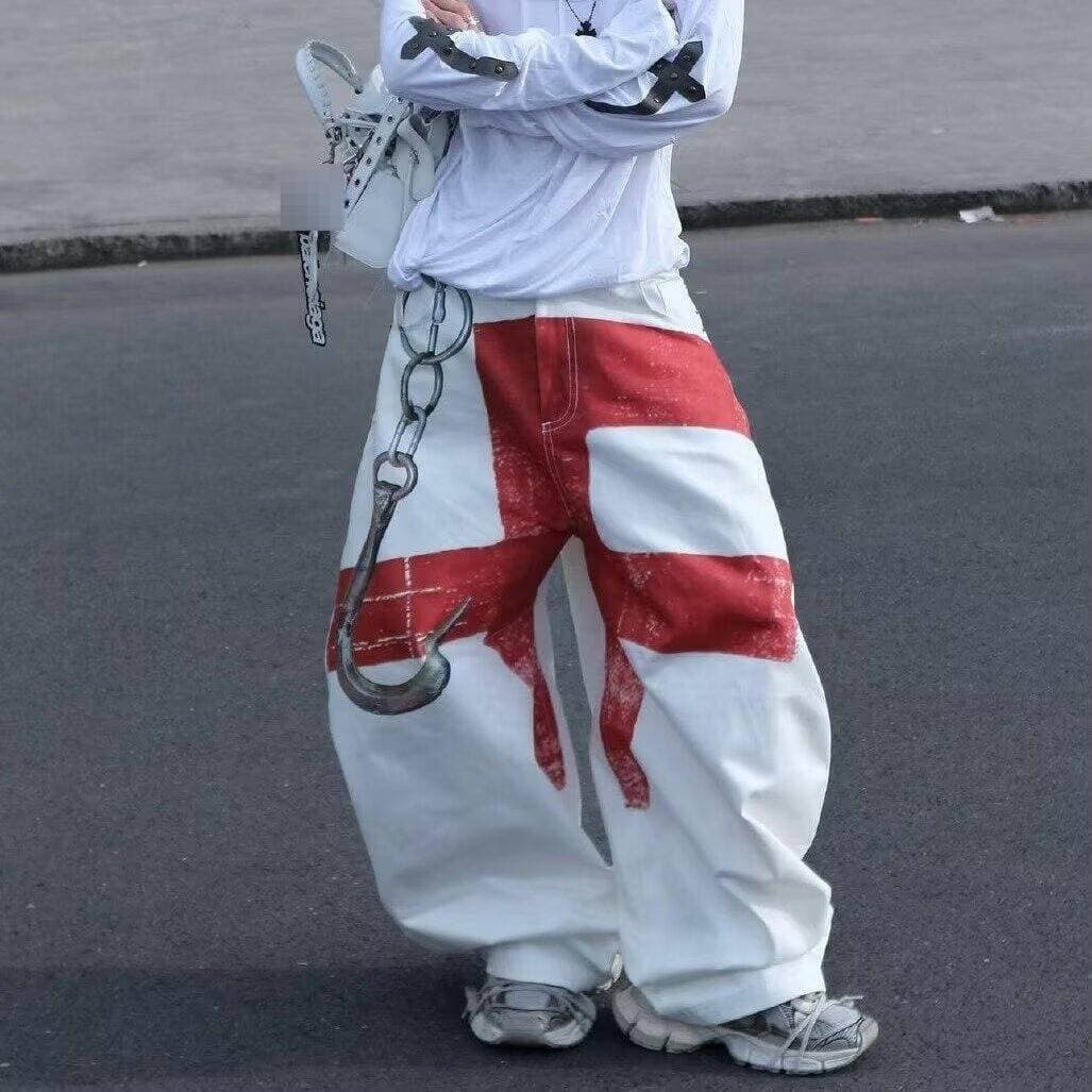 Vintage Chain Print White Jeans – Men's Baggy Straight-Leg Denim Pants (S-3XL, Hip-Hop Streetwear)​