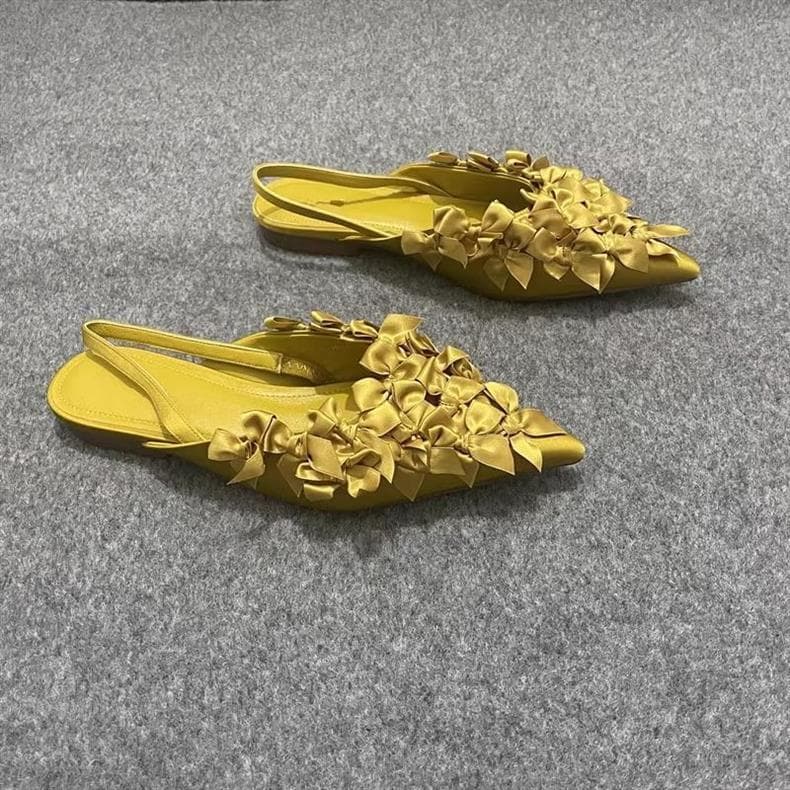 Women's Elegant Bow Flat Sandals Pointed Toe French-Inspired Comfortable Summer Shoes Versatile Low Heel Pointed Toe Single Shoes