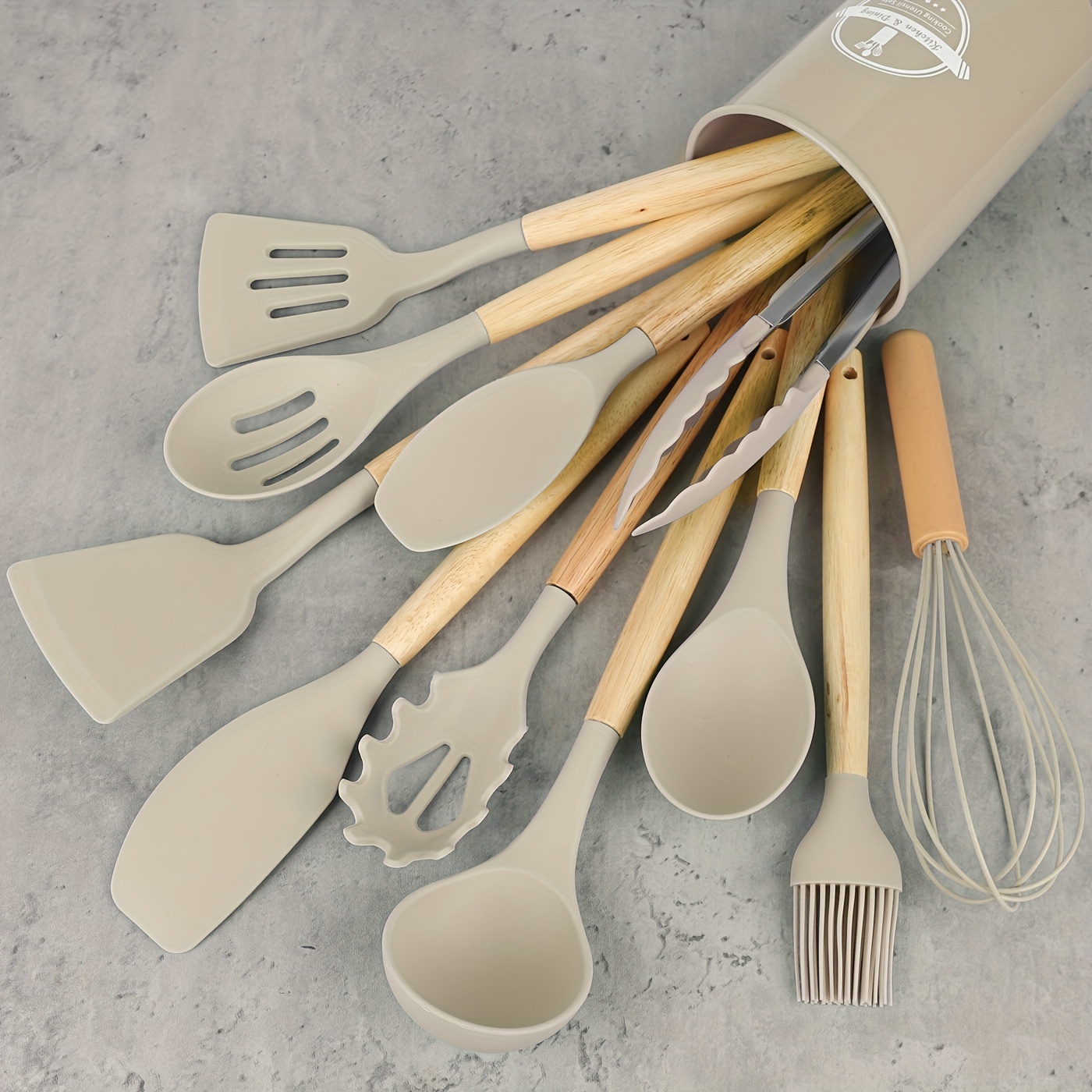 12pcs/set, Silicone Utensil Set, Kitchen Utensil Set, Safety Cooking Utensils Set, Non-Stick Cooking Utensils Set With Wooden Handle