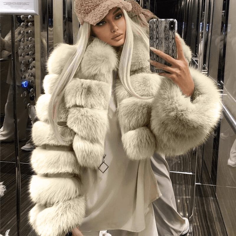 Women's Lapel faux fox fur short fake fur coat