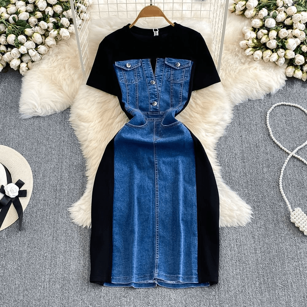 Women's Ladylike Temperament Short-sleeved Round Neck Waist Slimming Denim Splicing A-line Dress Casual T-shirt Skirt