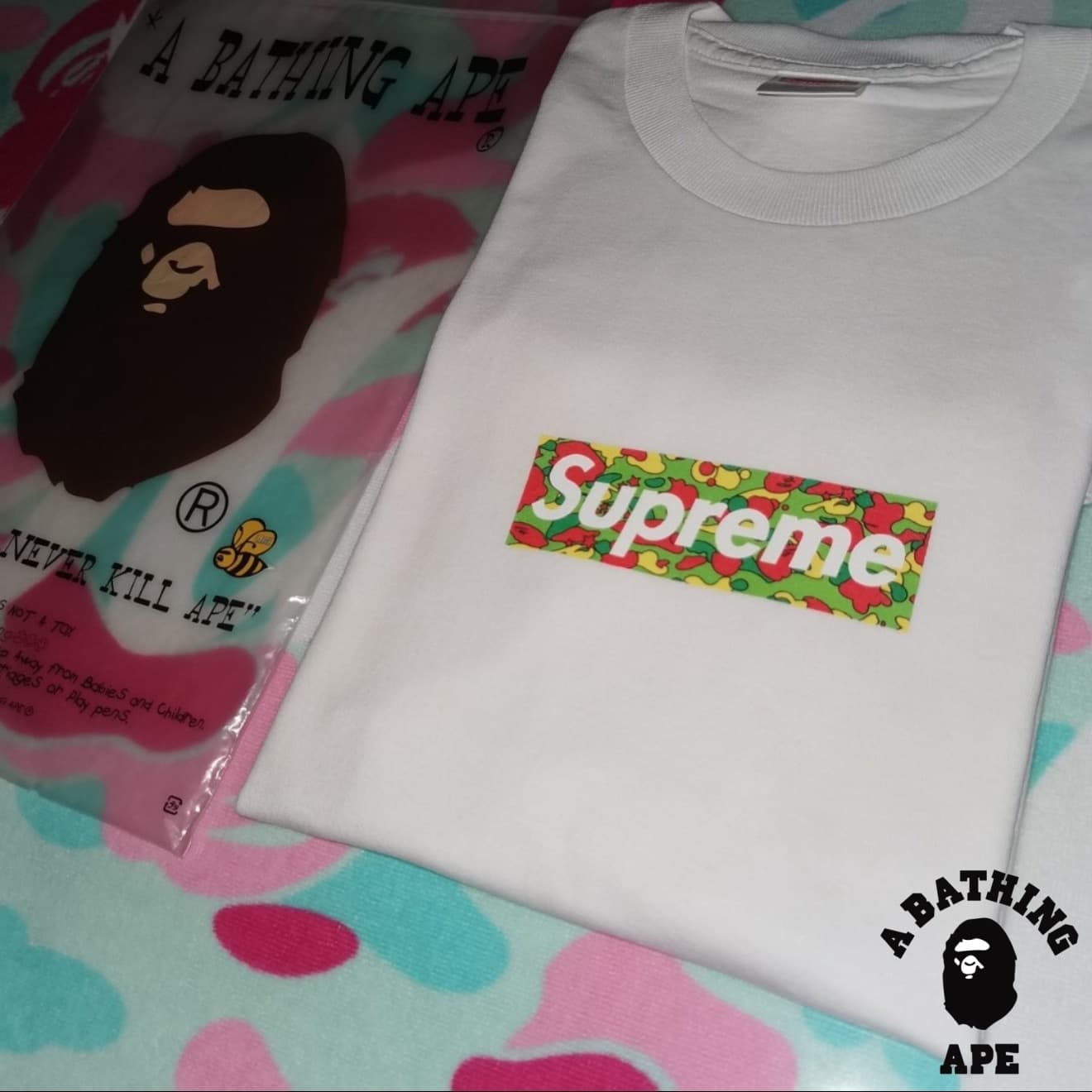 2026 A BATHING APE A BATHING APE BAPE&Supreme Monkey Head Letter Print High-Quality Pure Cotton Short Sleeved Unisex