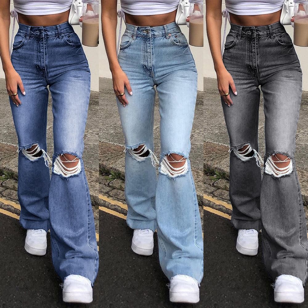 Women's Clothing Denim Wide Leg Trousers Ripped Flared Jeans
