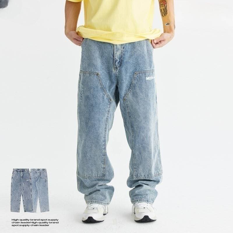 Men's Clothing heavy washed worn old workwear logging pants American street pure cotton straight jeans for men and women