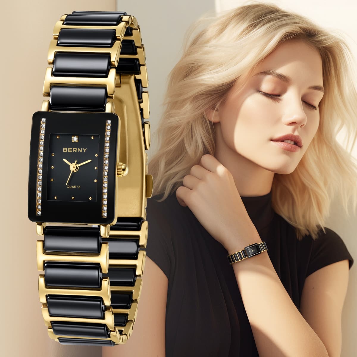 BERNY Rectangular Watches For Women Two-Tone Ceramic Band Quartz Analog Watch Luxury Diamond Stainless Steel Waterproof Minimalist Watch With Date