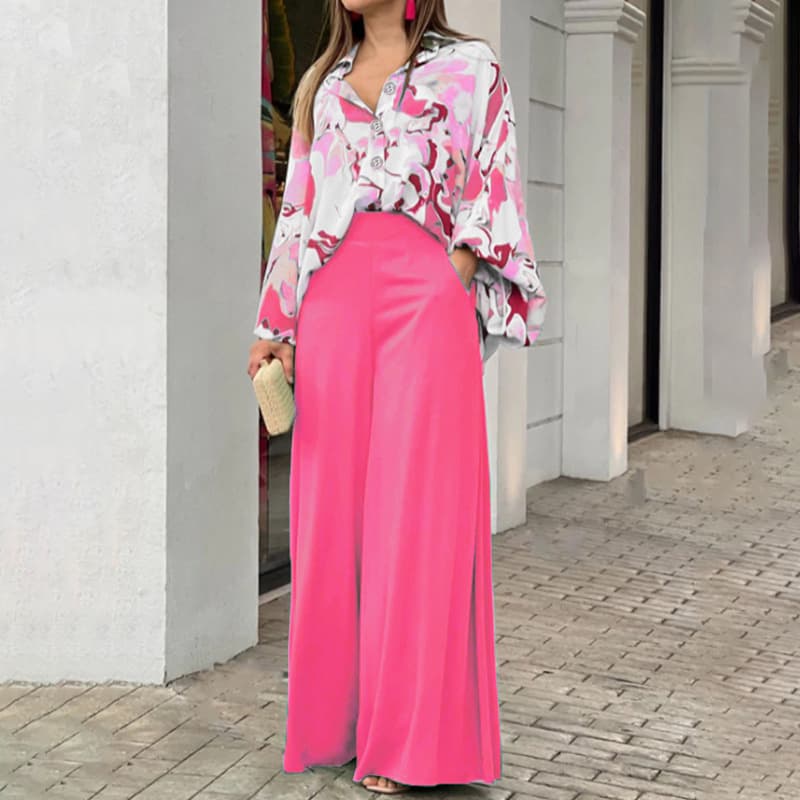 2023 Women's Spring Printed Shirt Elegant and Wide Leg Pants Fashion Casual Set