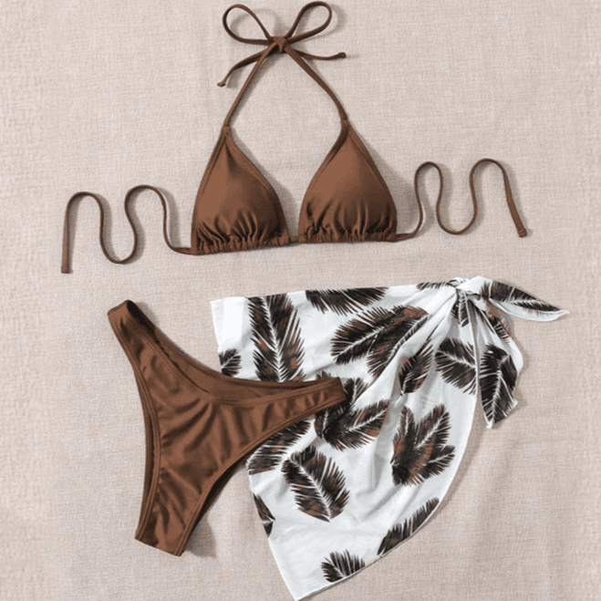 Women’s Clothing New Halter Neck Tie Mesh Skirt Swimsuit Women Three piece Beach Bikini Swimsuit