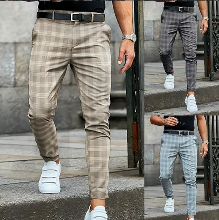 New 2025 Men's Formal Business Suit Pants Fashion Mid-waist Print Plaid Trousers Spring Autumn Comfortable Elastic Pants For Men (No Belt)