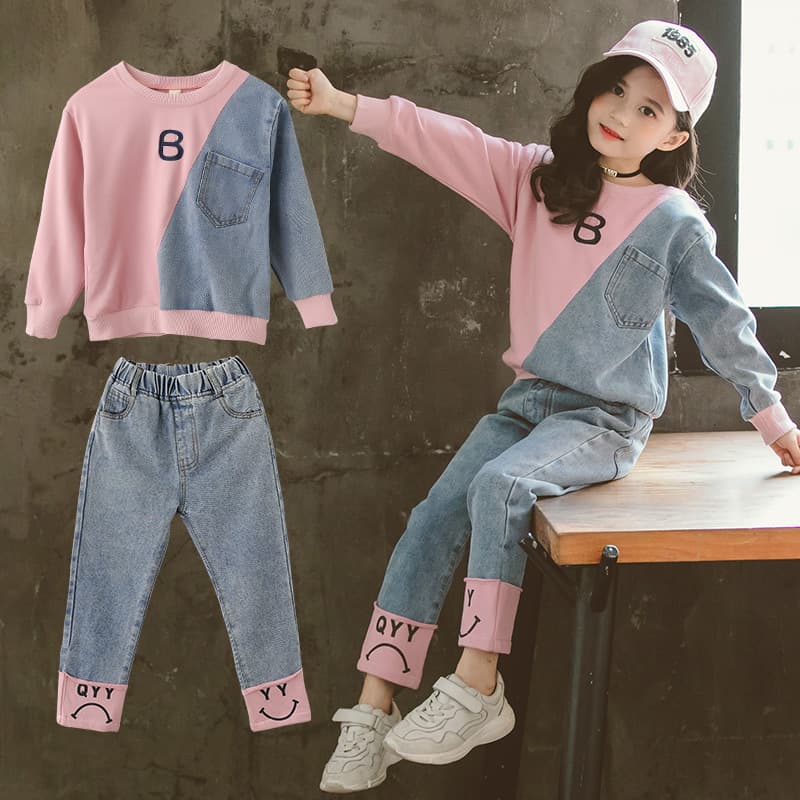 Mother&Kids Girls' Denim Two-Piece Children's Suit Super Trendy For Little Girls