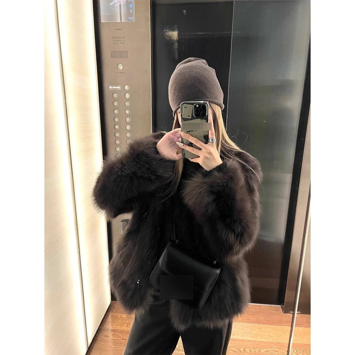 Women's Faux Fur Short Jacket – Grey-Brown Vegan Leather Sleeves (S-L, Winter , Cropped & Luxe)