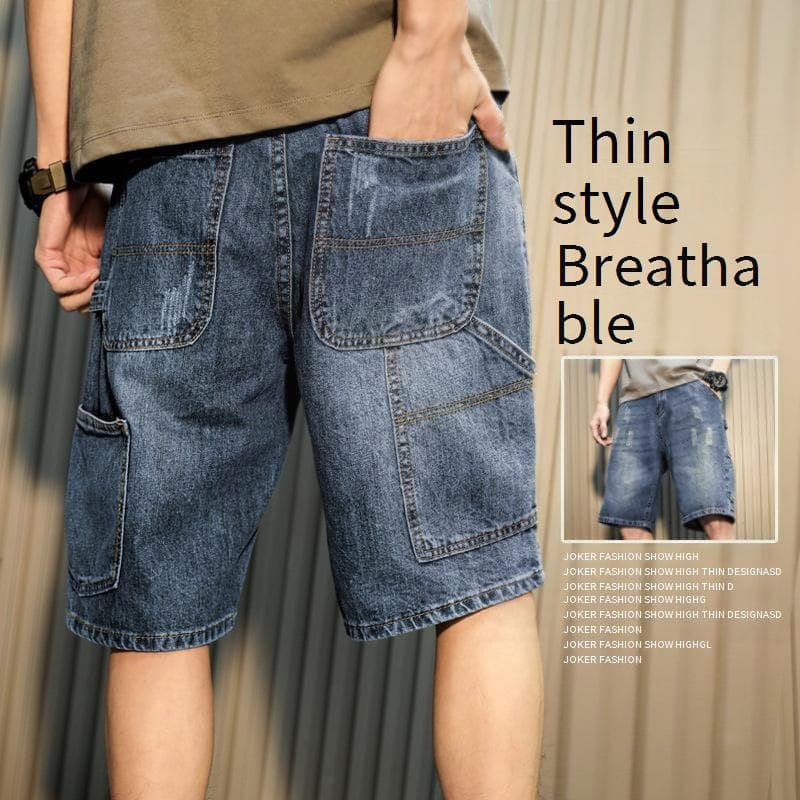 ​Men's Distressed Denim Shorts - Loose Fit Casual Cargo Shorts With Button Fly & Washed Blue​