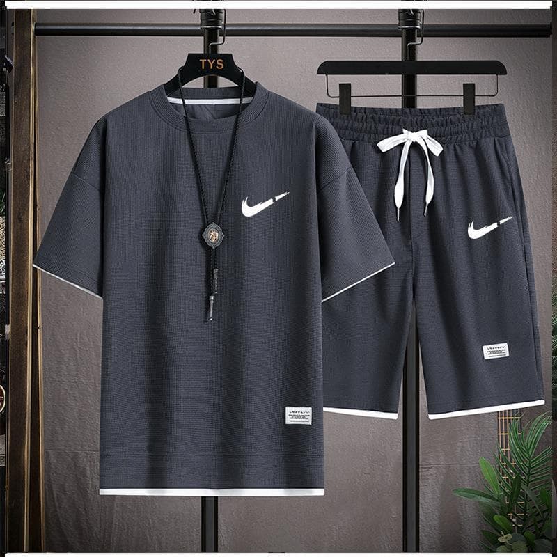 Gaufre T-shirt hommes deux pièces ensemble Couple ample mode grande taille 5/4 pantalon extérieur décontracté