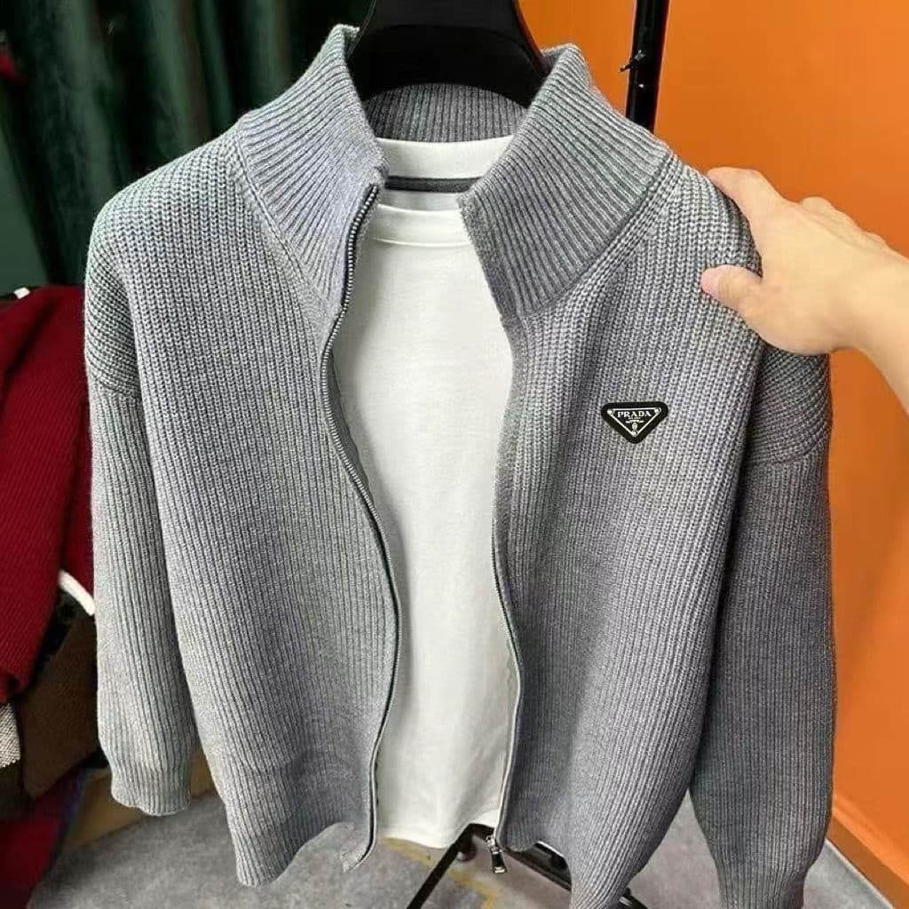 Gilet en maille pour homme, pull épais, fermeture éclair, col montant