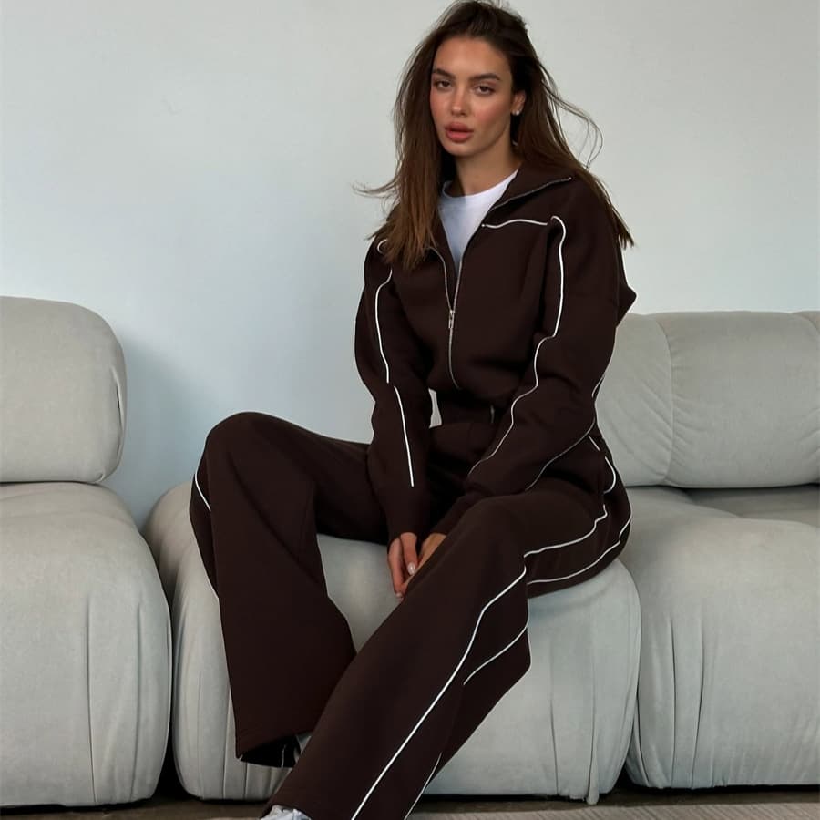 Women's Clothing Casual Suit Long Sleeved Zipper Cardigan Loose Striped Sweatshirt Elastic Wide Leg Pants Two Piece Set