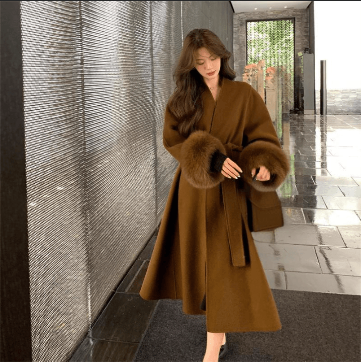 Women's Clothing autumn and winter new V neck double faced wool coat for women long fox fur cuffs cashmere wool coat