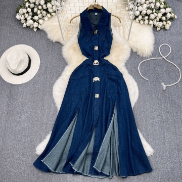 Women's Clothing Waist Slimming Sleeveless Single Breasted A Line Slit Denim Dress Casual Long Skirt