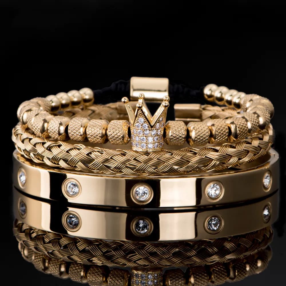 3pcs/set Micro Pave CZ Crown Roman Royal Charm Men Bracelets Stainless Steel Crystals Bangles Couple Handmade Jewelry