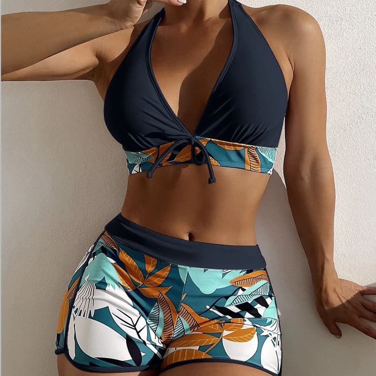 Women's Clothing Split Boxer Bikini High Waist Swimsuit