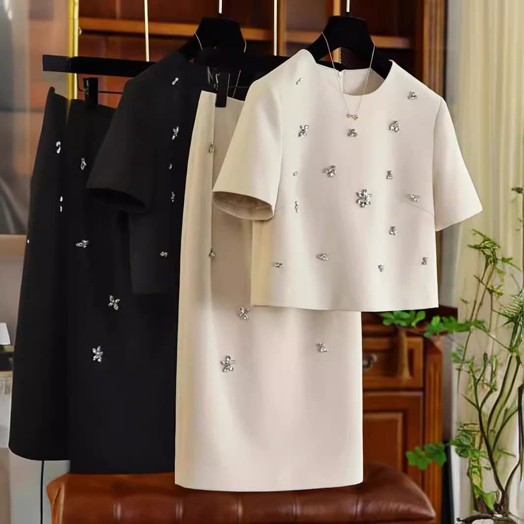 Women's Clothing Summer Dress Heavy Diamond Goddess Style White Skirt Two Piece Suit