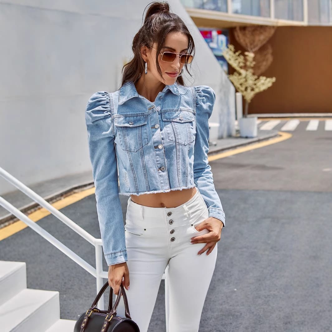Women's Denim Jacket With Lapel Collar - Relaxed Fit, Long Sleeve, Medium Weight, Pure Cotton Blend For Casual & Office Wear (Light Blue, Dark Blue)