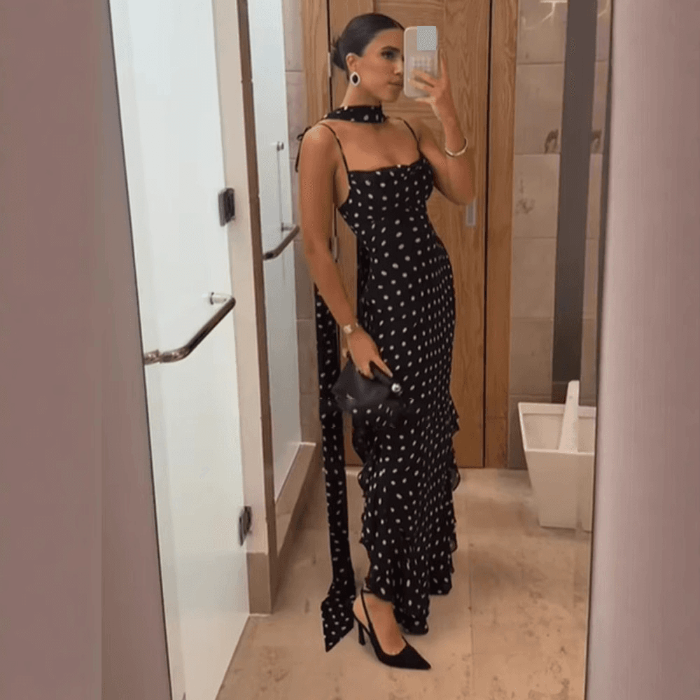 Women's Clothing Summer New Style Temperament High End Sleeveless Polka Dot Scarf Collar Ruffled Suspender Dress