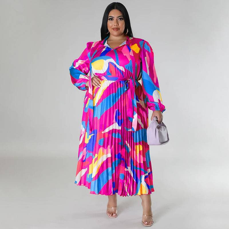 Women's Popular Color-laced Long-sleeved Printed Pleated Large Size Dress For Women