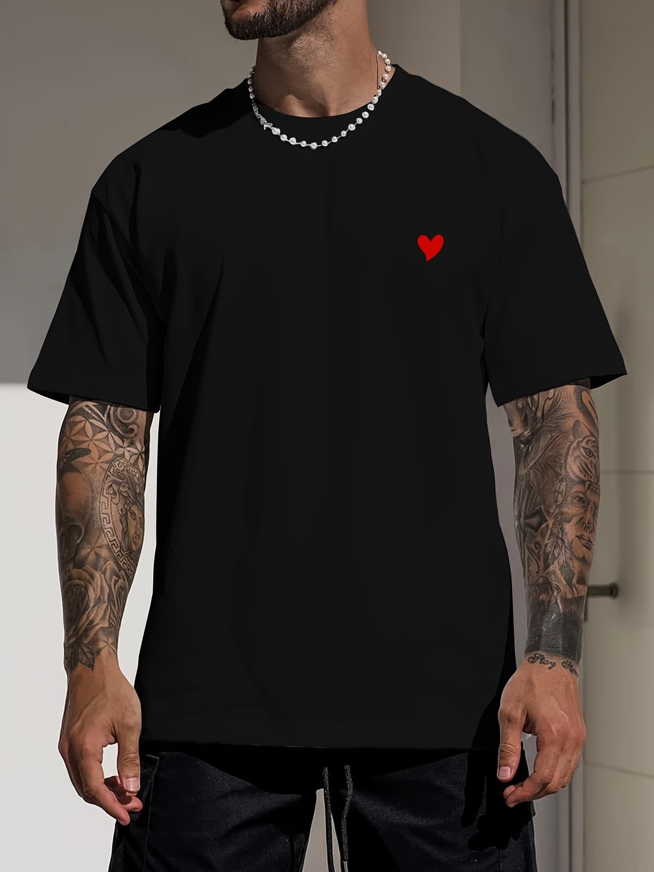 100% Pure Cotton Men's Spring/summer Fashionable Short Sleeved Cute Heart-shaped Printed Casual Slim Fit Versatile Top