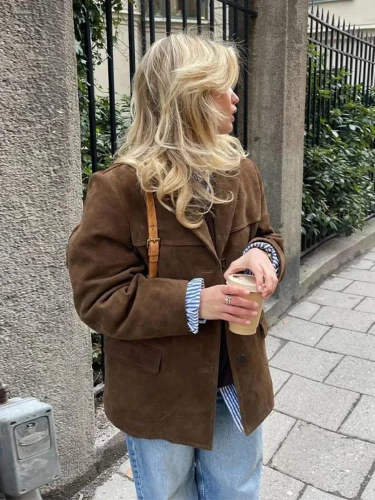 Brown Lapel Pocket Suede Leather Jacket For Woman Single Button Long Sleeve Vintage Blazer Coat 2024 Lady Autumn Street