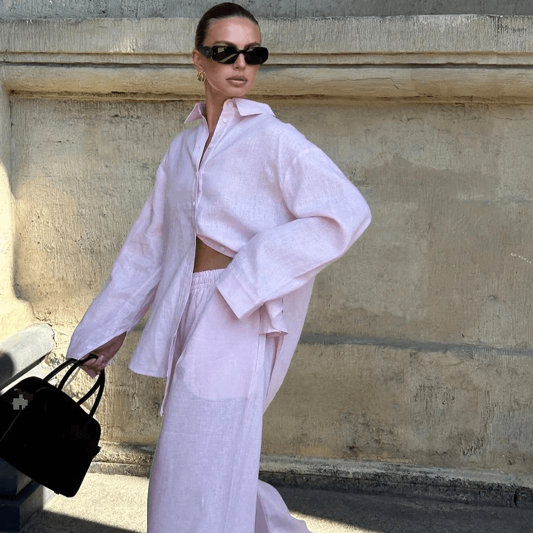 Women's Clothing Loose Pink Suit Cotton Casual Shirt Long Sleeved Top Trousers