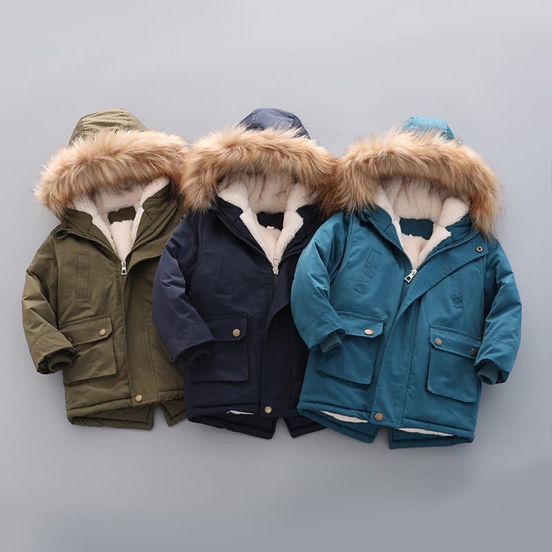 Kid's Clothing plus velvet and thickened 2024 cotton padded jacket winter new style fashionable hooded boy cotton jacket children's cotton jacket