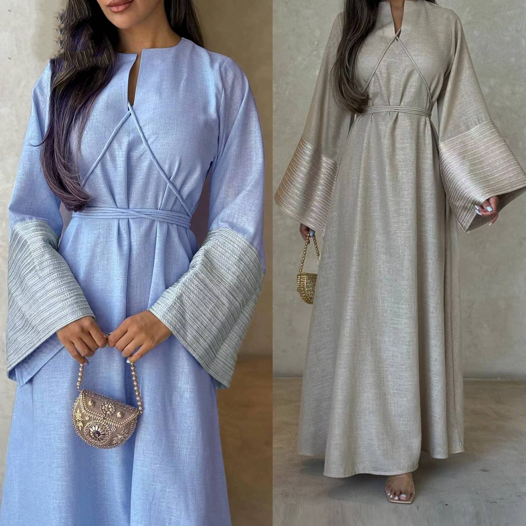 Women's Clothing Fashion V Neck Embroidery Dubai Turkish Elegant Dress